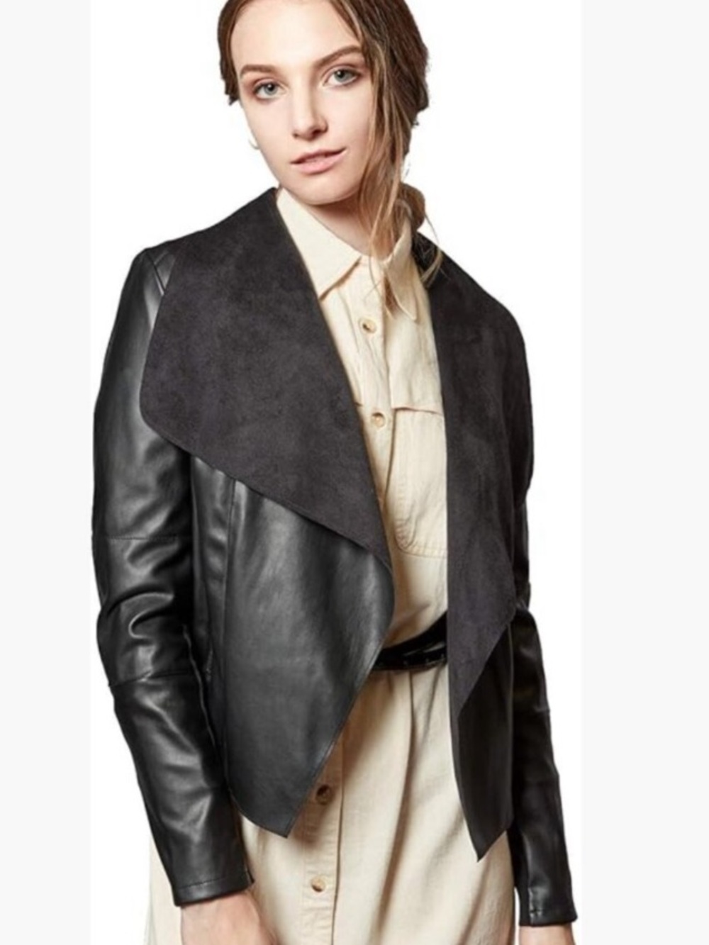 ESCALIER Women's Black Faux Leather Jacket with Suede Draped Collar LARGE